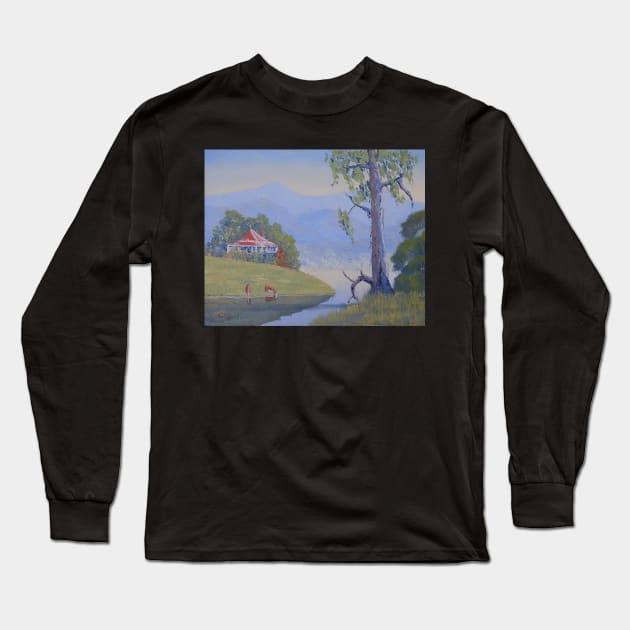 NSW River and Farmhouse - Oil on Board Long Sleeve T-Shirt by pops